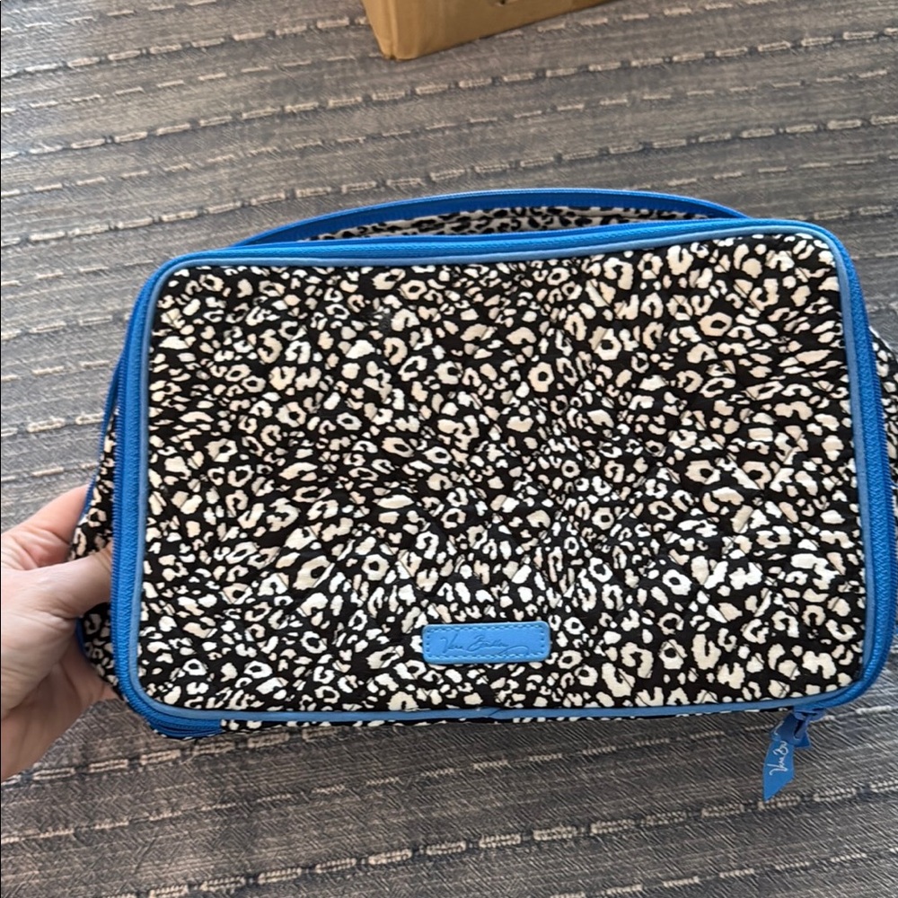 Leopard Print Cosmetic Bag with Blue Trim